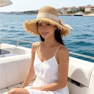 Chanel Natural Straw Wide-Brim Sun Hat with Beige Ribbon